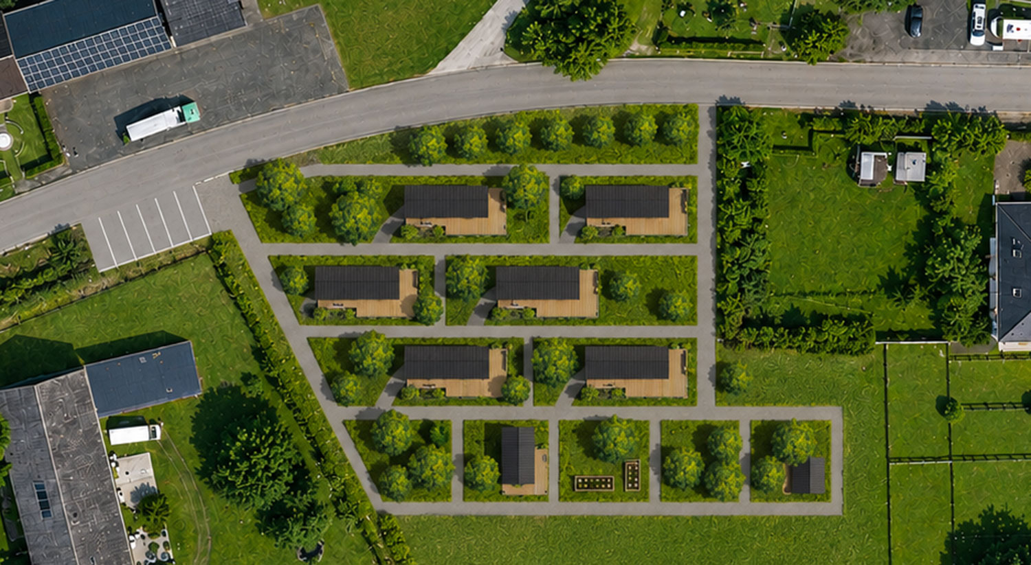 Draufsicht auf eine BetagtenGarten-Nachbarschaft mit Wegen, Gärten und Tiny Houses