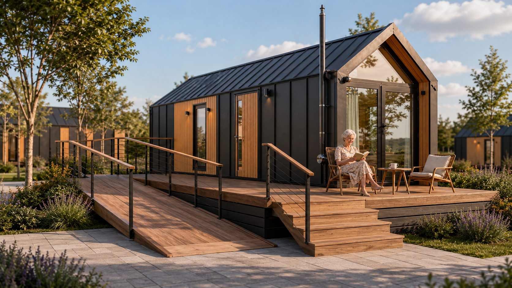 Barrierearmes Tiny House mit Rampe, Terrasse und Leserin im Sonnenlicht