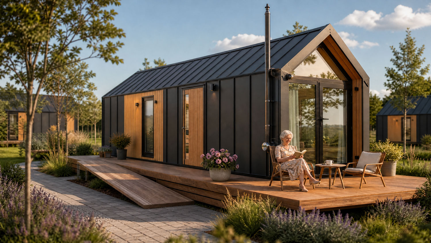 Einzelnes Tiny House mit Terrasse, Blumen und Leserin im Sonnenlicht